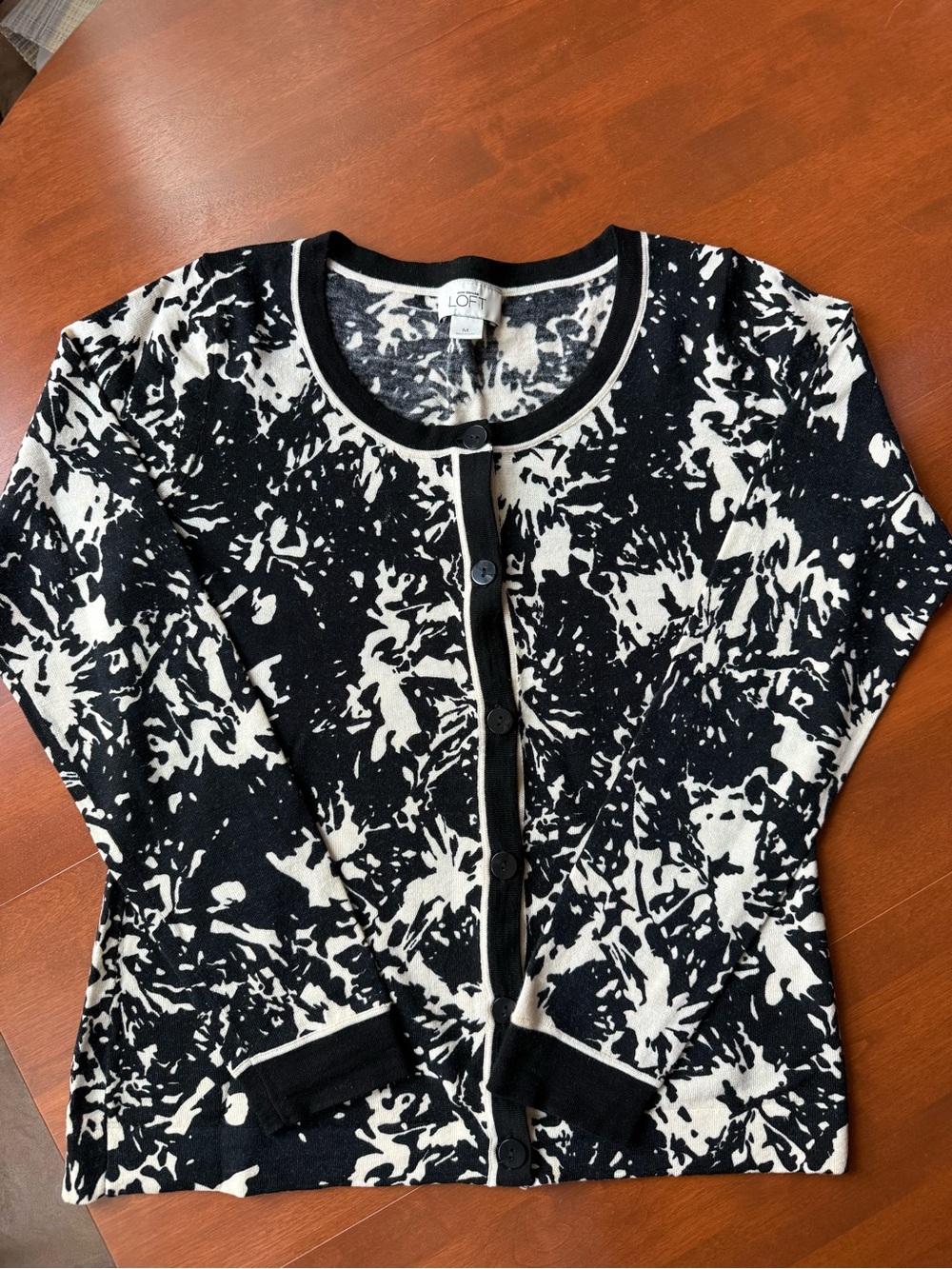 LOFT Black and White Abstract Button-Front Cardigan